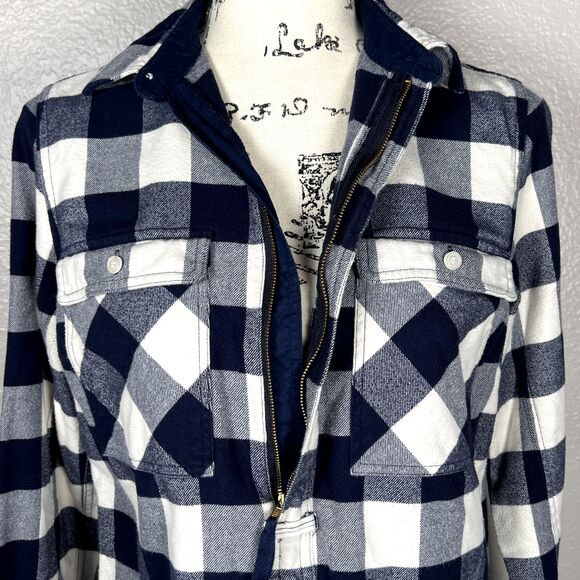 J.Crew Sz XS Buffalo Check Half-Zip Shacket Flannel Shirt Jacket Navy & White - Picture 3 of 11